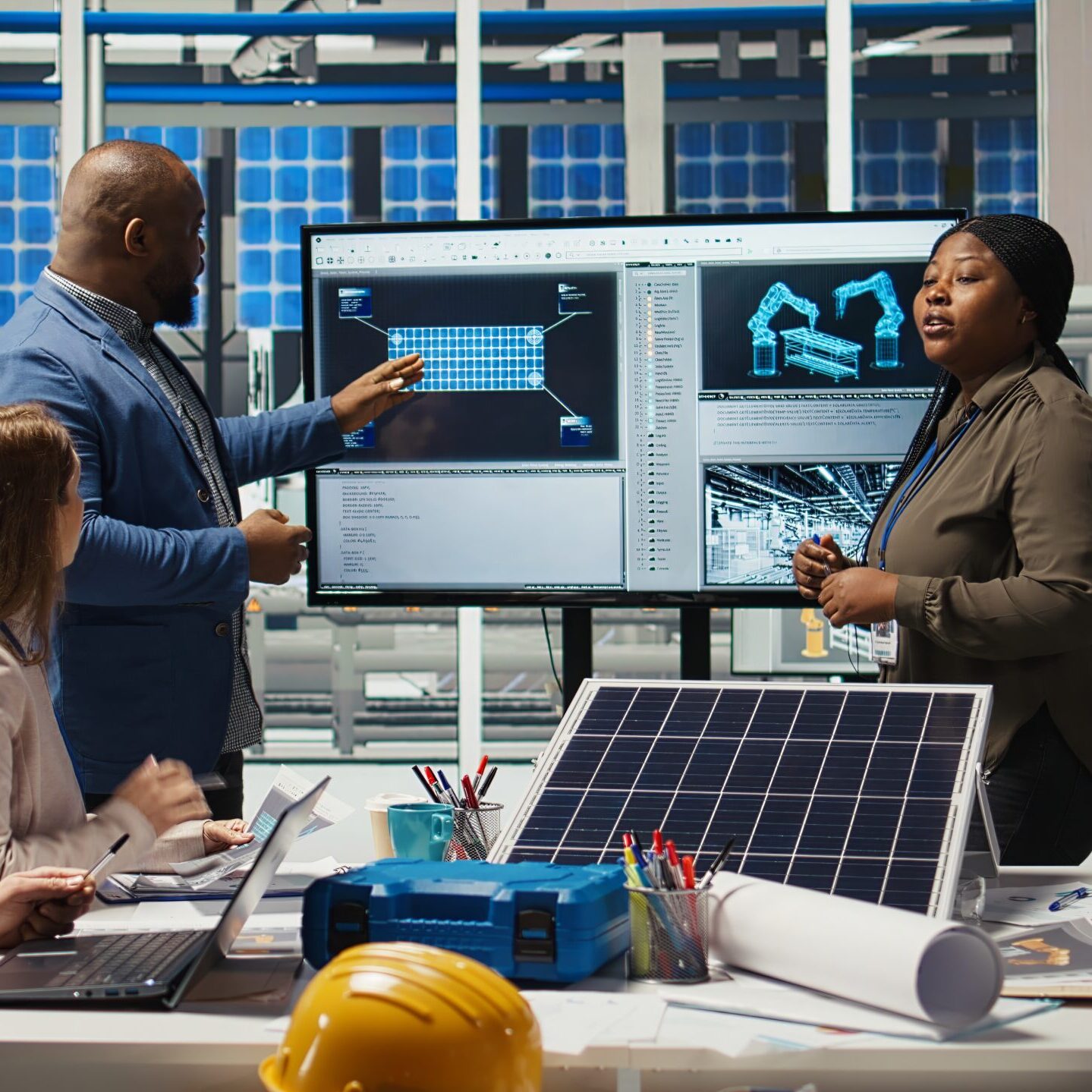 Des managers joyeux se serrent la main pour célébrer l'expansion de la production de l'usine